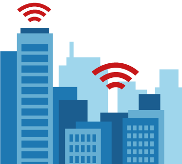 Skyscrapers with the WEA symbol radiating from the top